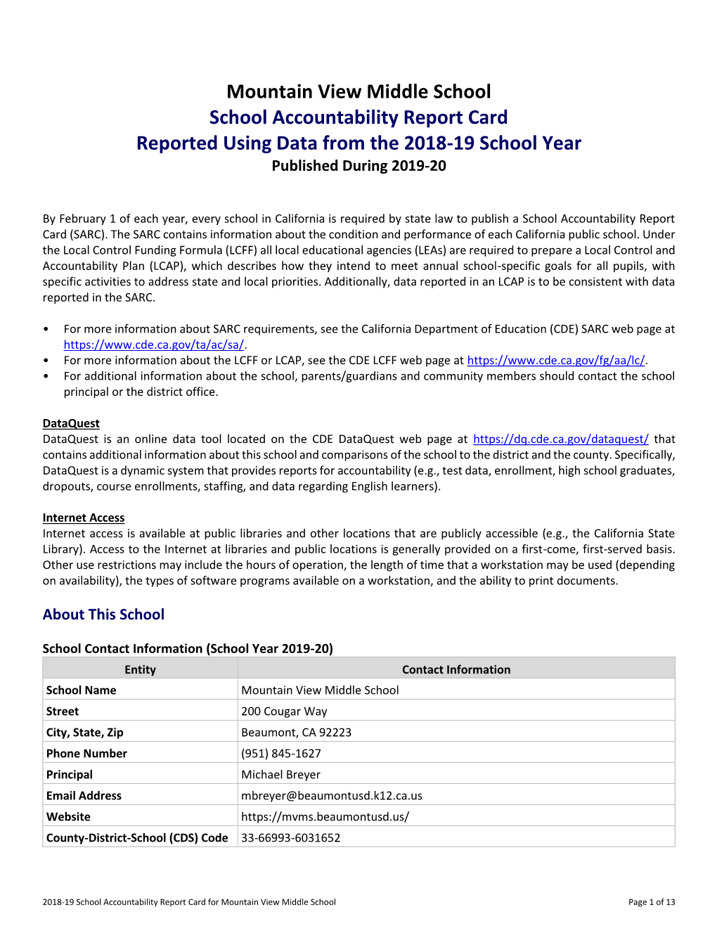 2019 School Accountability Report Card