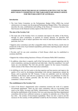 Submission from the House of Commons Scrutiny Unit to the Joint Select Committee on the Parliamentary Budget Office for the Parliament of Australia
