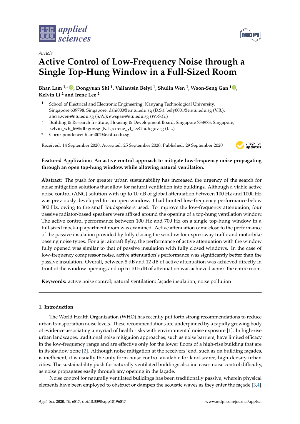 Active Control of Low-Frequency Noise Through a Single Top-Hung Window in a Full-Sized Room