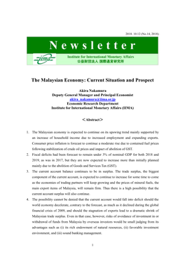 The Malaysian Economy: Current Situation and Prospect