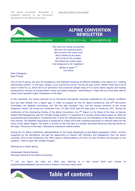 The Alpine Convention Newsletter Is Published Quarterly by The