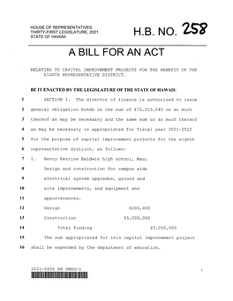 H.B. No. a Bill for an Act
