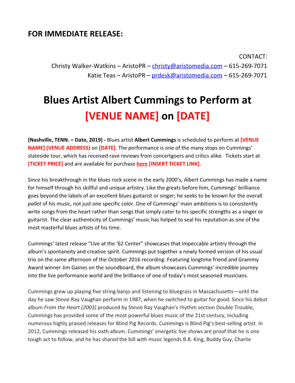 Blues Artist Albert Cummings to Perform at [VENUE NAME] on [DATE] ​ ​