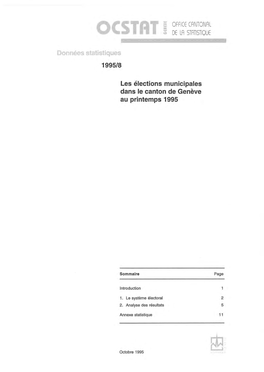 OCSTAT OFFICE CANTONAL CE LA STATISTIQUE 1995/8 Les Élections Municipales Dans Le Canton De Genève Au Printemps 1995