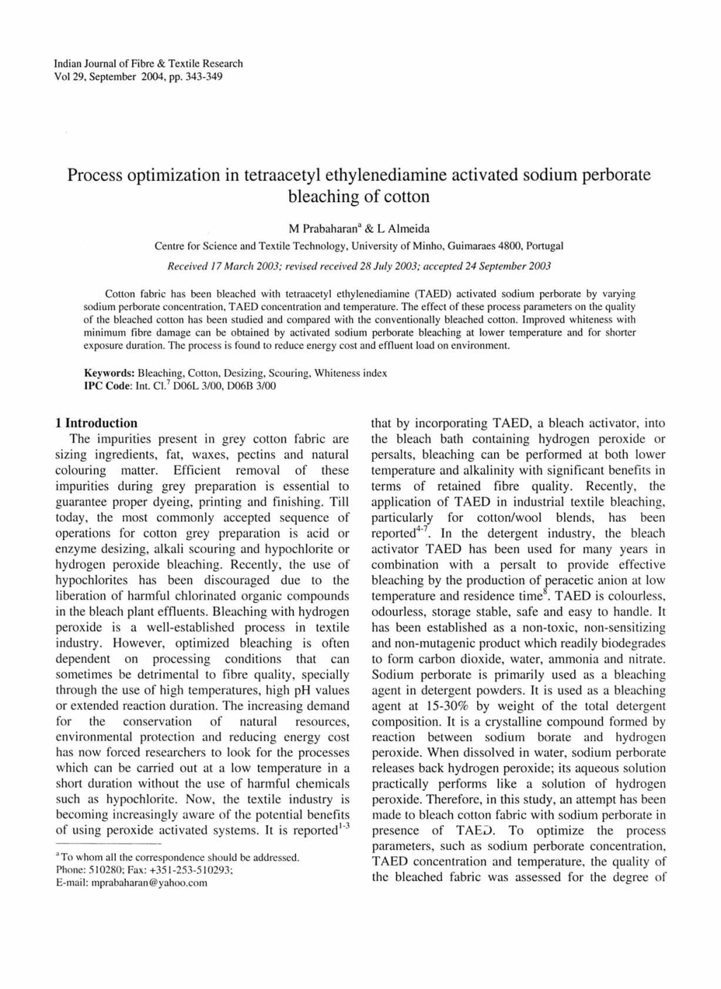 Process Optimization in Tetraacetyl Ethylenediamine Activated Sodium Perborate Bleaching of Cotton