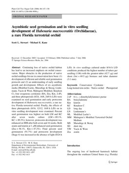 Asymbiotic Seed Germination and in Vitro Seedling Development of Habenaria Macroceratitis (Orchidaceae), a Rare Florida Terrestrial Orchid