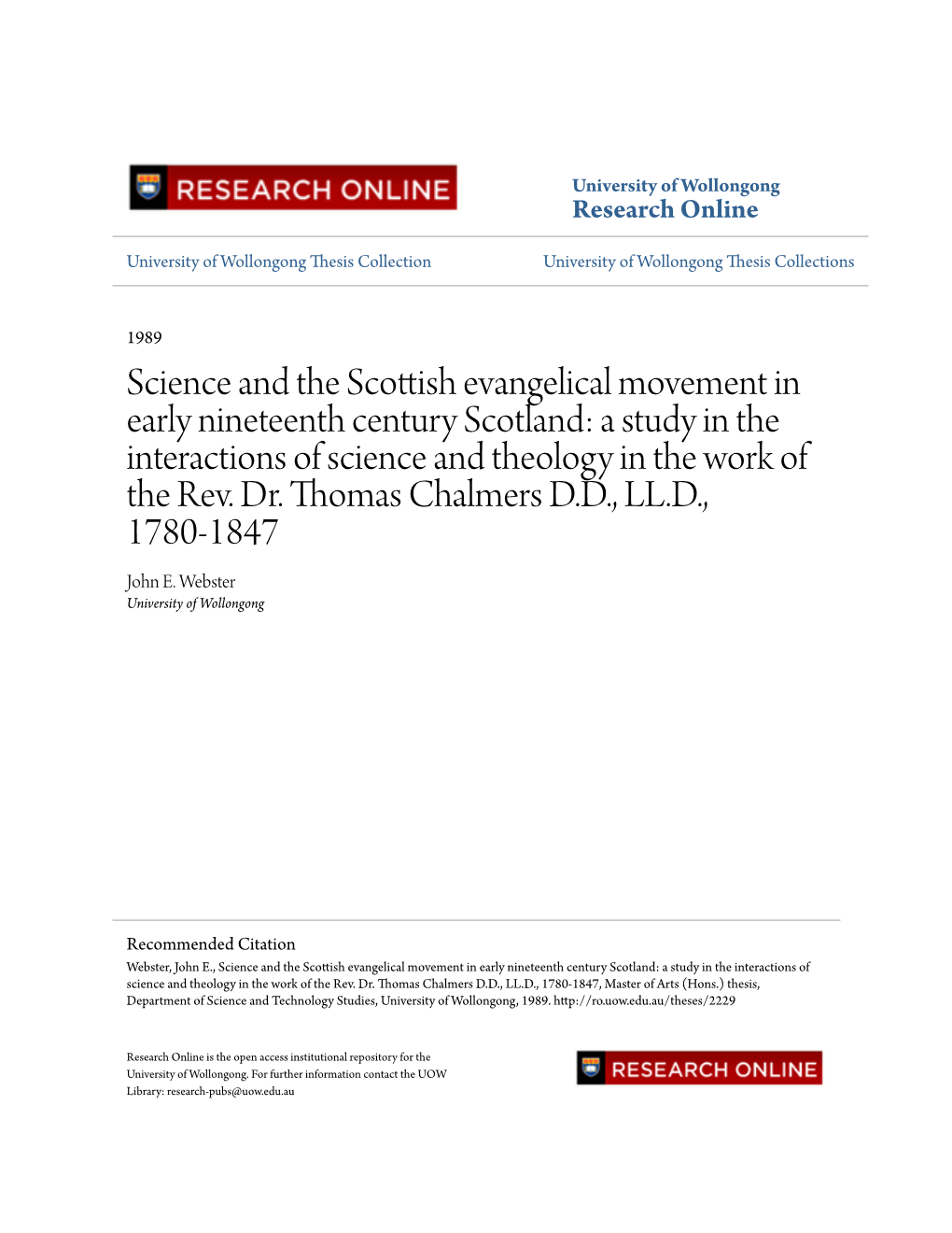Science and the Scottish Evangelical Movement in Early Nineteenth Century Scotland: a Study in the Interactions of Science and Theology in the Work of the Rev