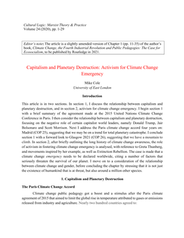 Capitalism and Planetary Destruction: Activism for Climate Change Emergency
