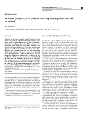 Mini-Review Antibiotic Prophylaxis in Patients Receiving Hematopoietic Stem Cell Transplant