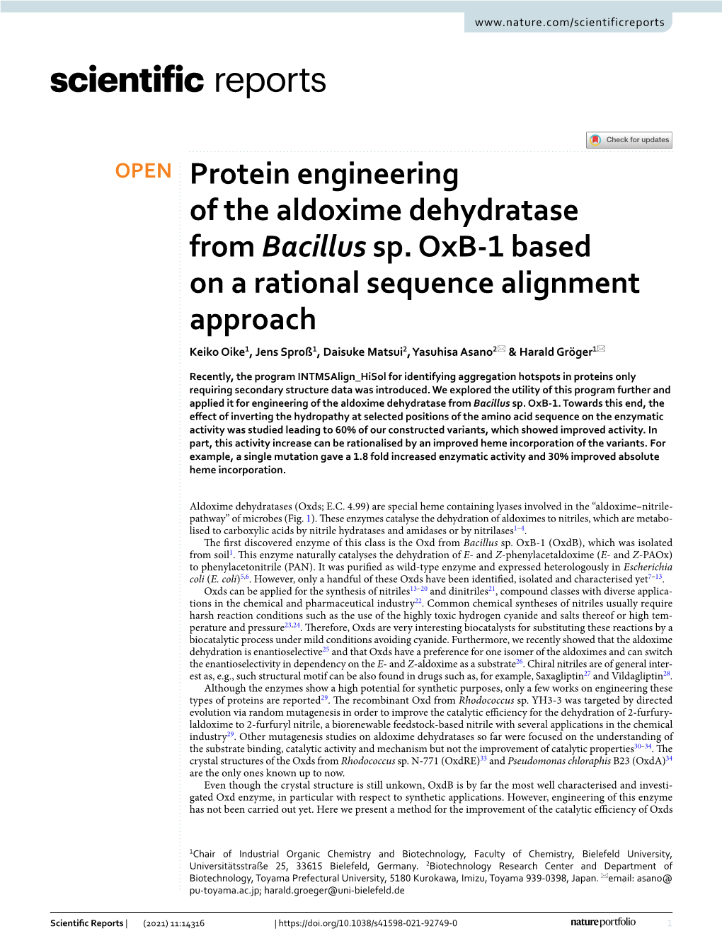 Protein Engineering of the Aldoxime Dehydratase from Bacillus Sp. Oxb