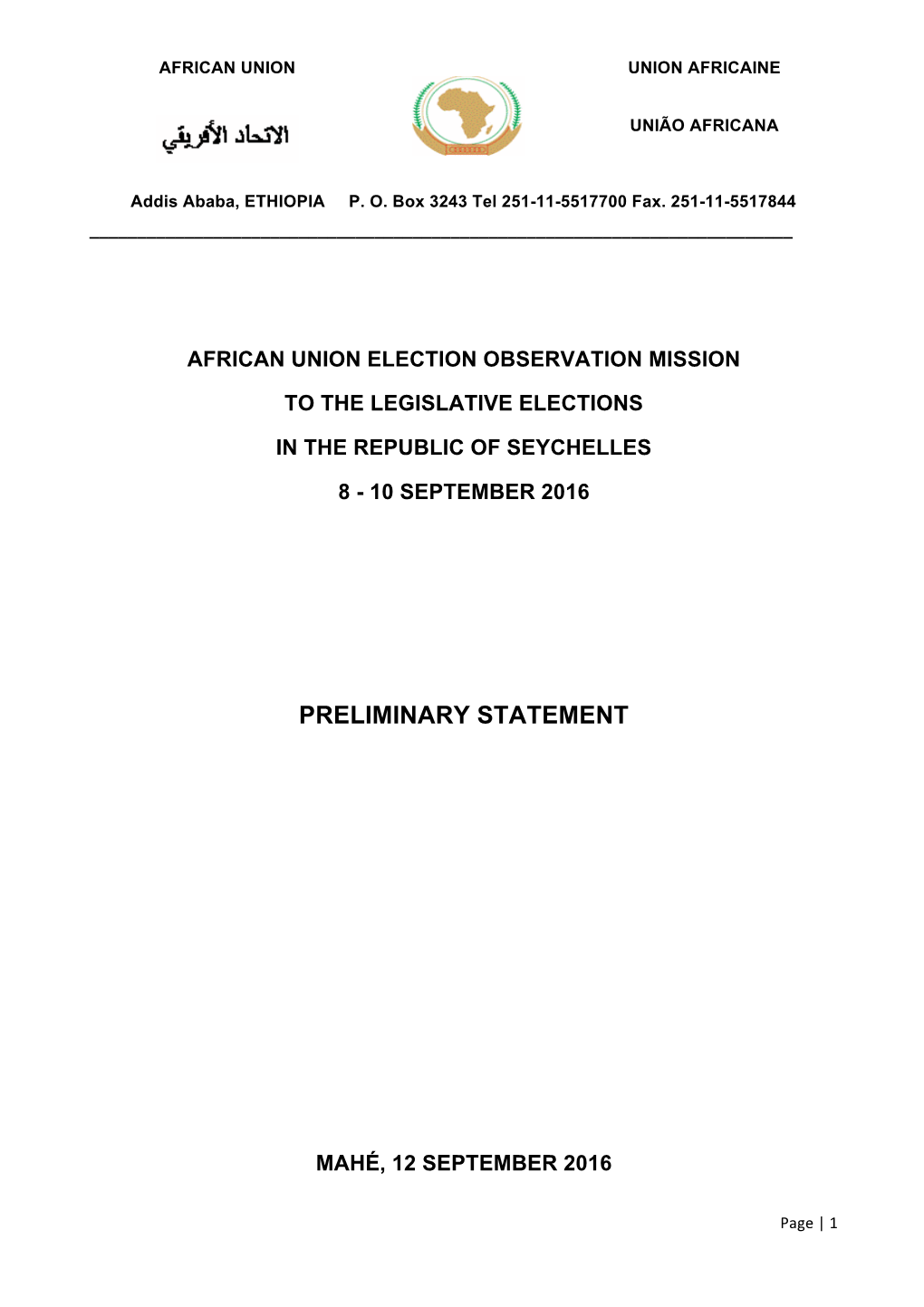 FINAL AU Preliminary Statement Seychelles 13 September 2016 Reviewed