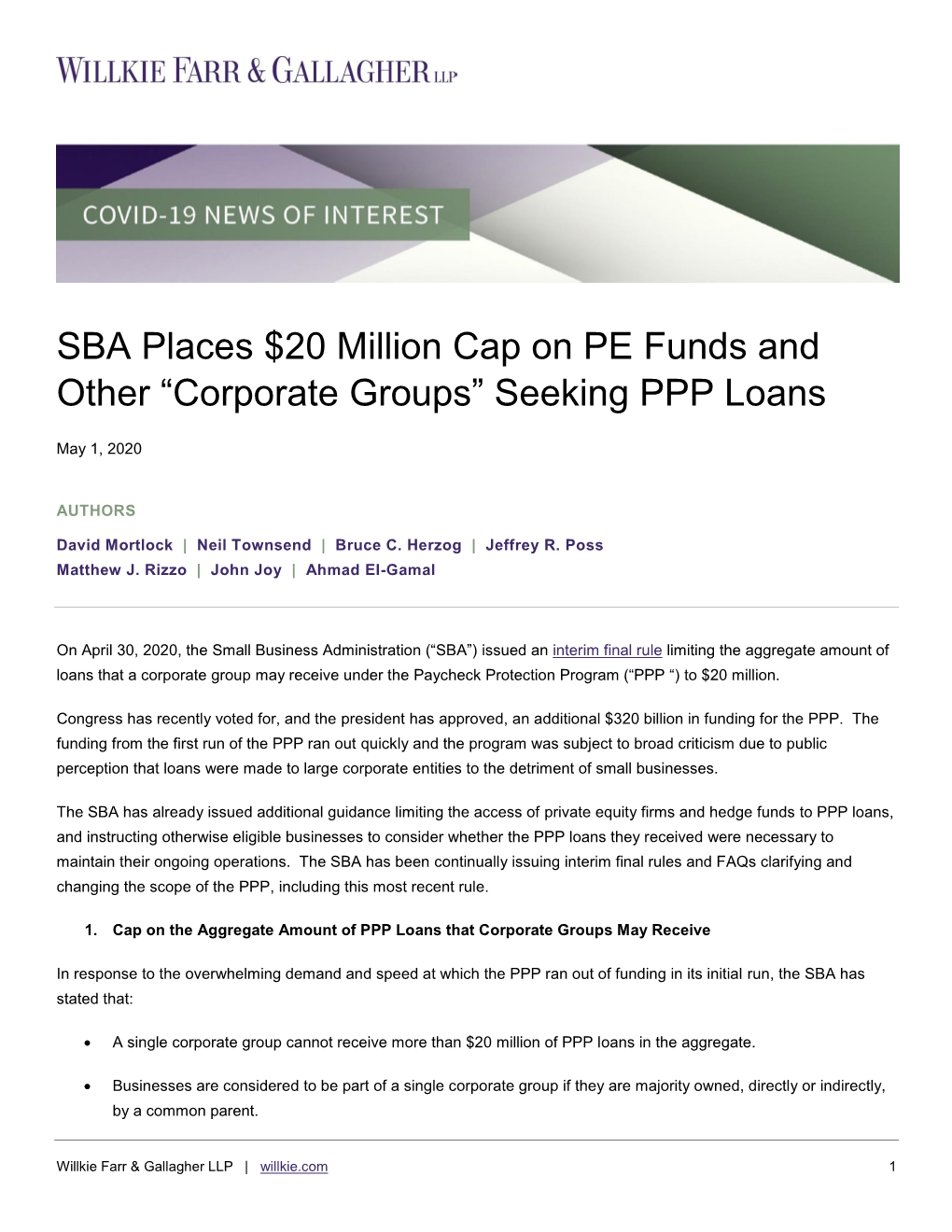 SBA Places $20 Million Cap on PE Funds and Other “Corporate Groups” Seeking PPP Loans