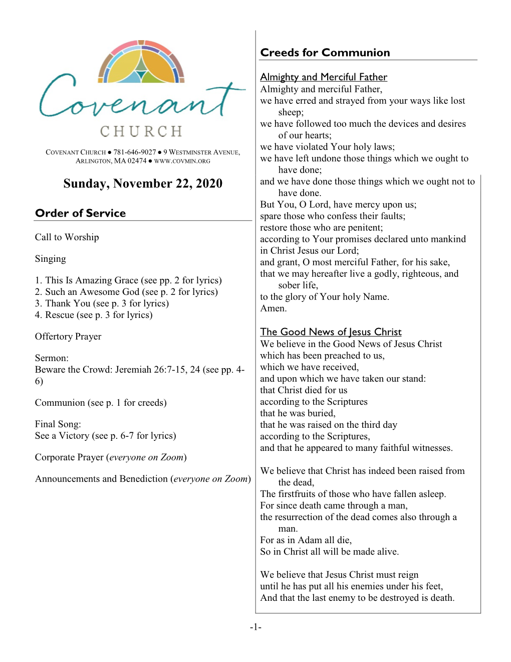 November 22, 2020 Service Handout