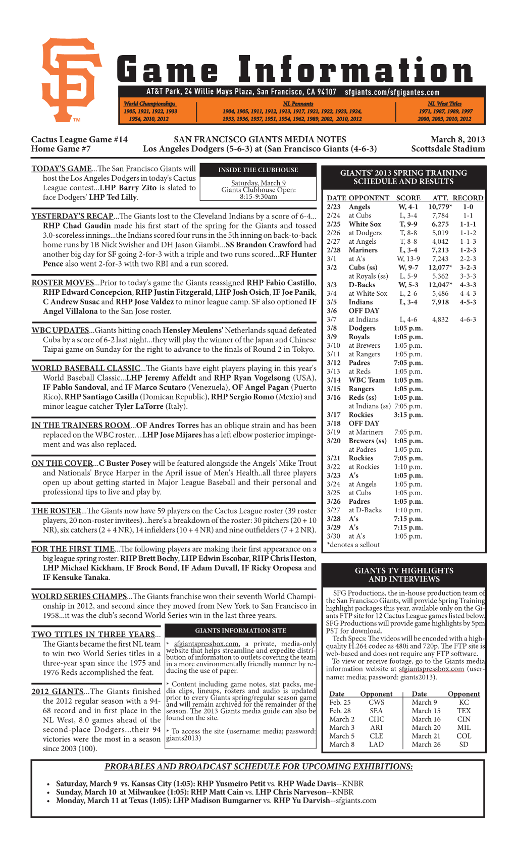 Cactus League Game #14 SAN FRANCISCO GIANTS MEDIA NOTES March 8, 2013 Home Game #7 Los Angeles Dodgers (5-6-3) at (San Francisco Giants (4-6-3) Scottsdale Stadium