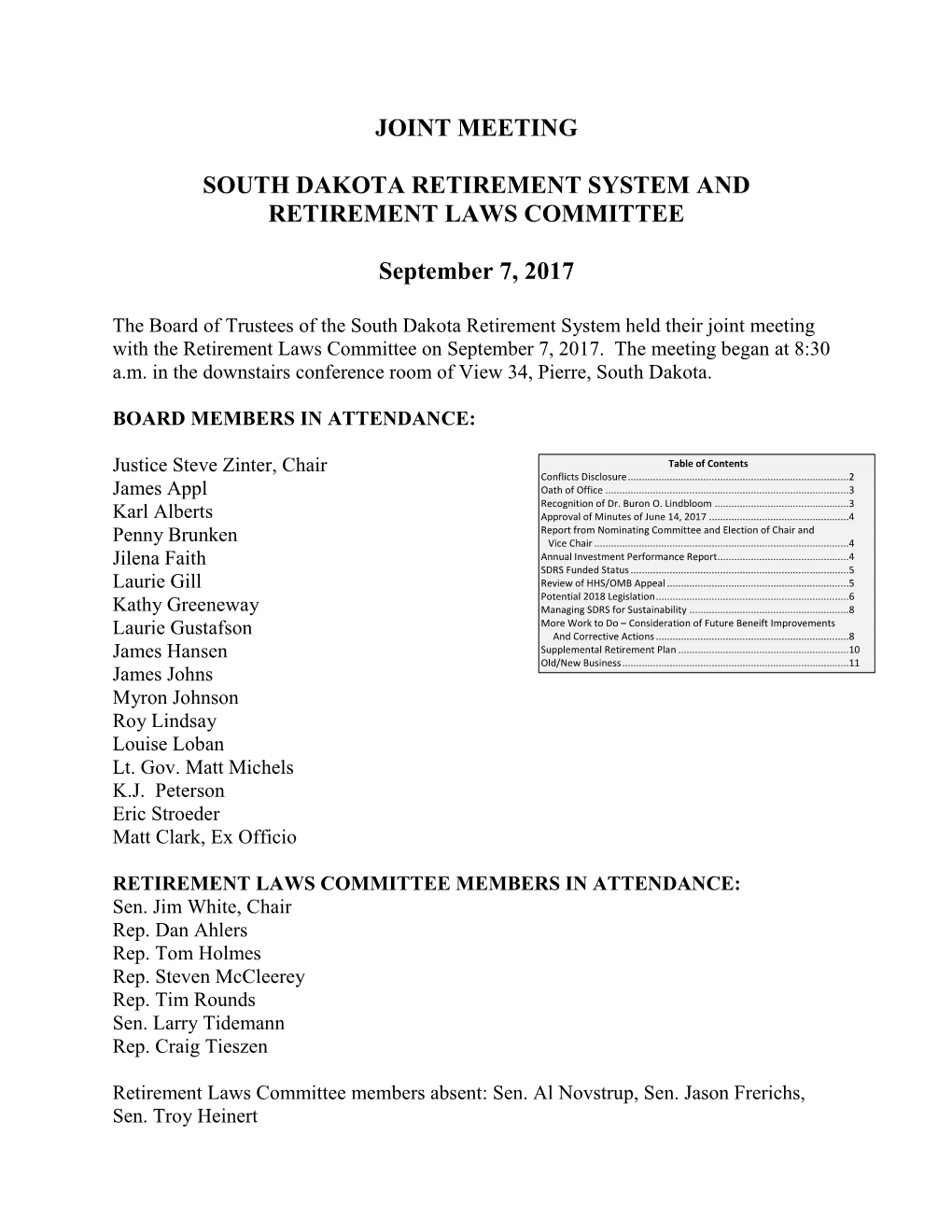 Joint Meeting South Dakota Retirement System And