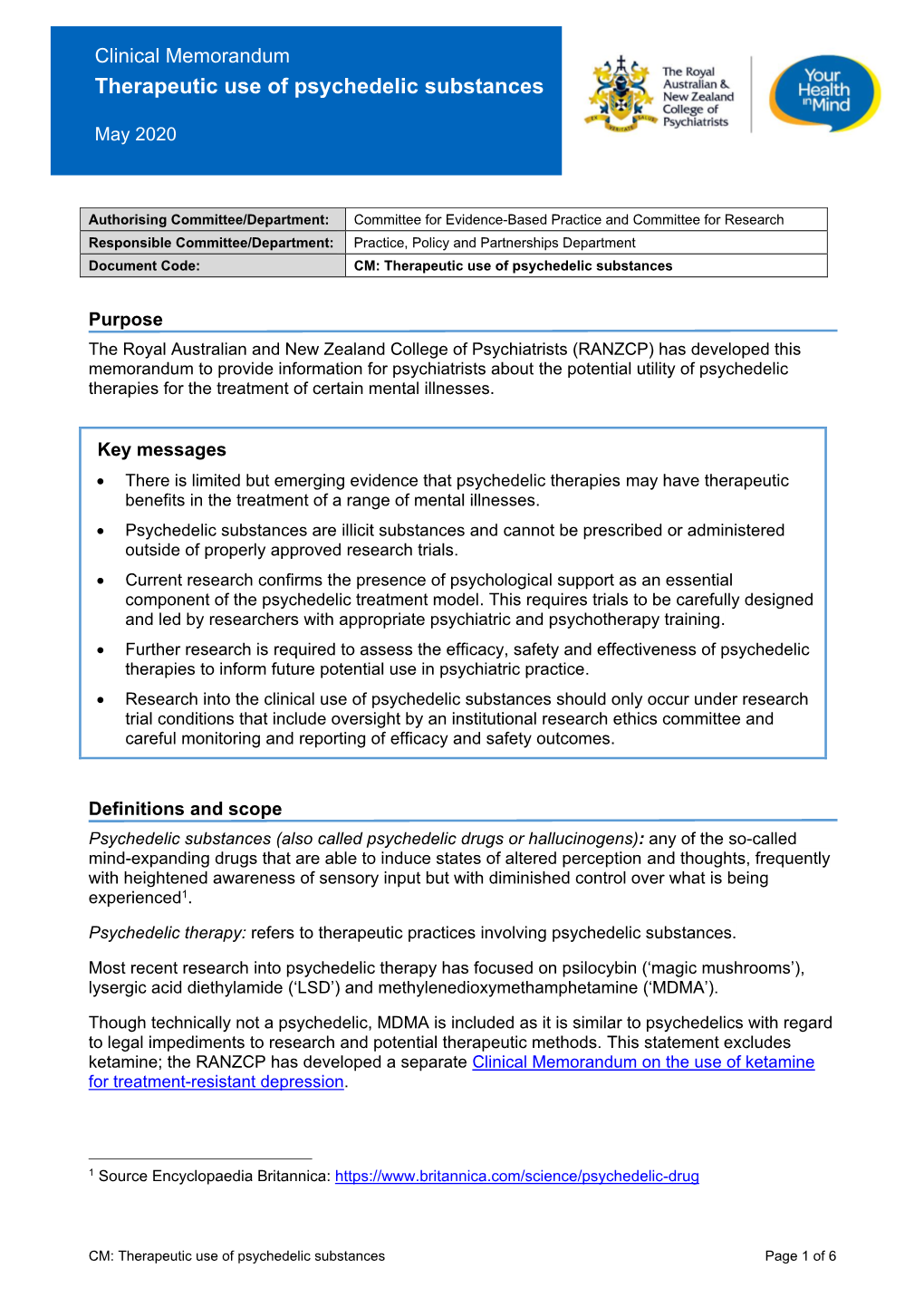 Clinical Memorandum Therapeutic Use of Psychedelic Substances