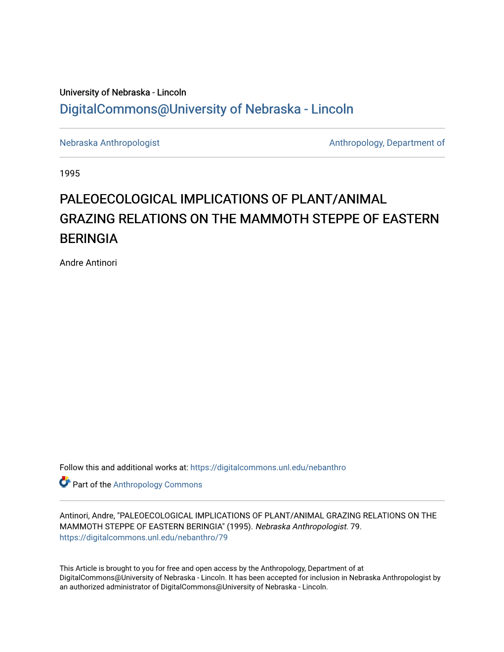 Paleoecological Implications of Plant/Animal Grazing Relations on the Mammoth Steppe of Eastern Beringia