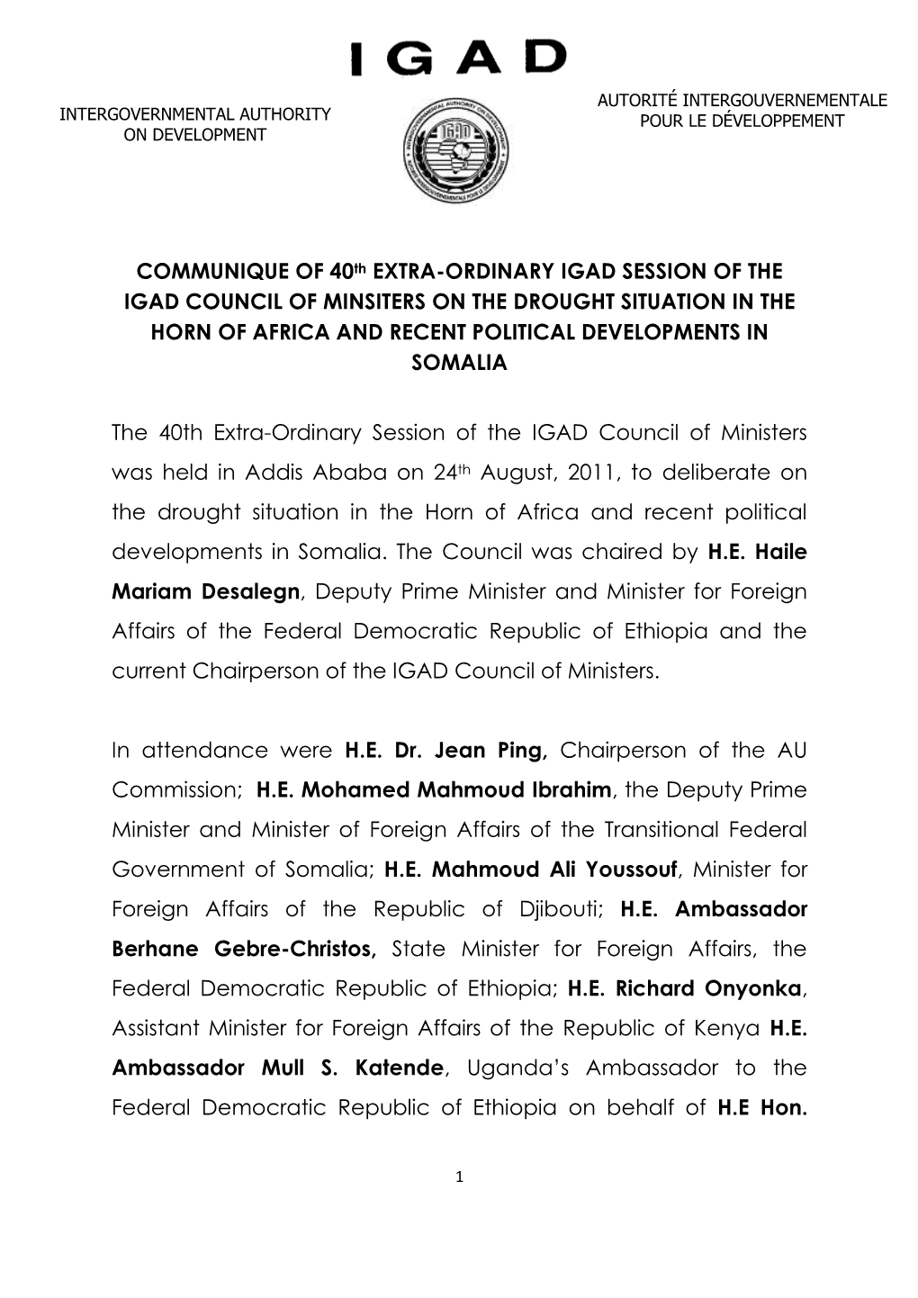 COMMUNIQUE of 40Th EXTRA-ORDINARY IGAD SESSION