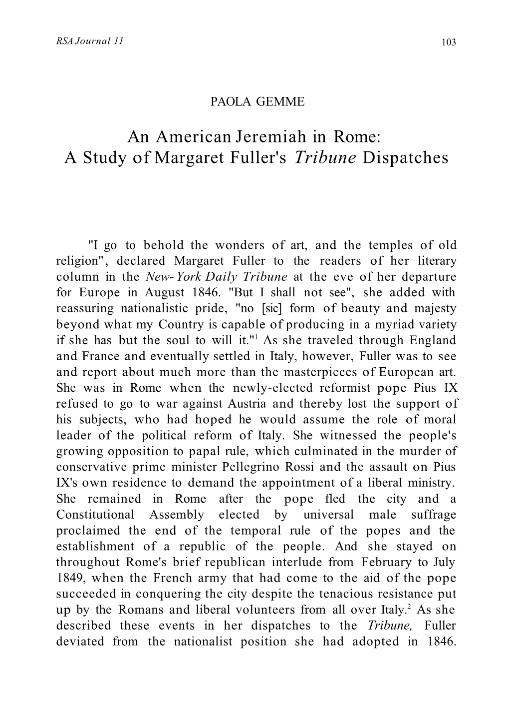 An American Jeremiah in Rome: a Study of Margaret Fuller's Tribune Dispatches