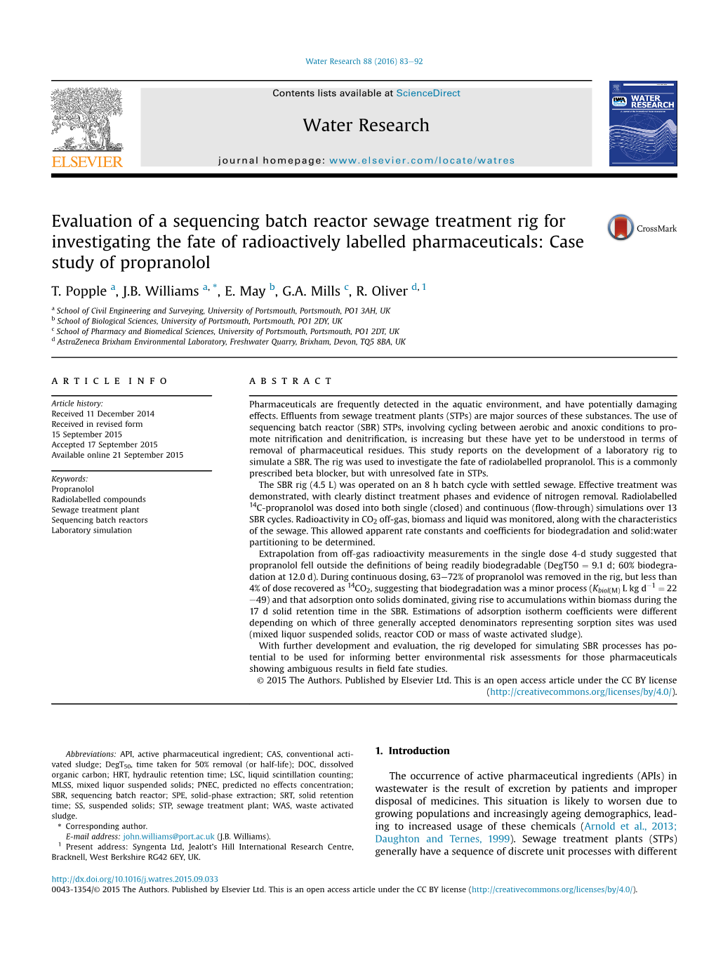 Evaluation of a Sequencing Batch Reactor Sewage Treatment Rig for Investigating the Fate of Radioactively Labelled Pharmaceuticals: Case Study of Propranolol