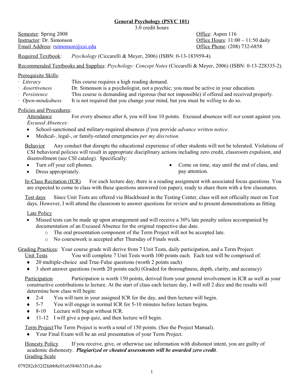 General Psychology - Fall 1998___R. Simonson, Instructor