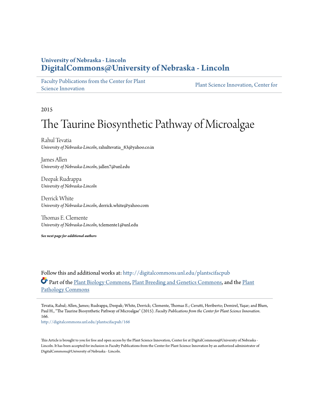 The Taurine Biosynthetic Pathway of Microalgae