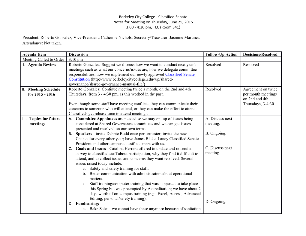 Classified Senate Meeting Notes