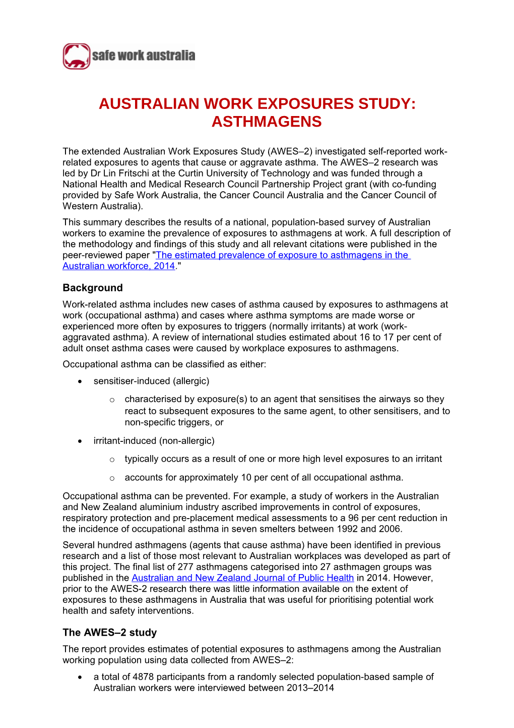 Australian Work Exposures Study: Asthmagens Summary