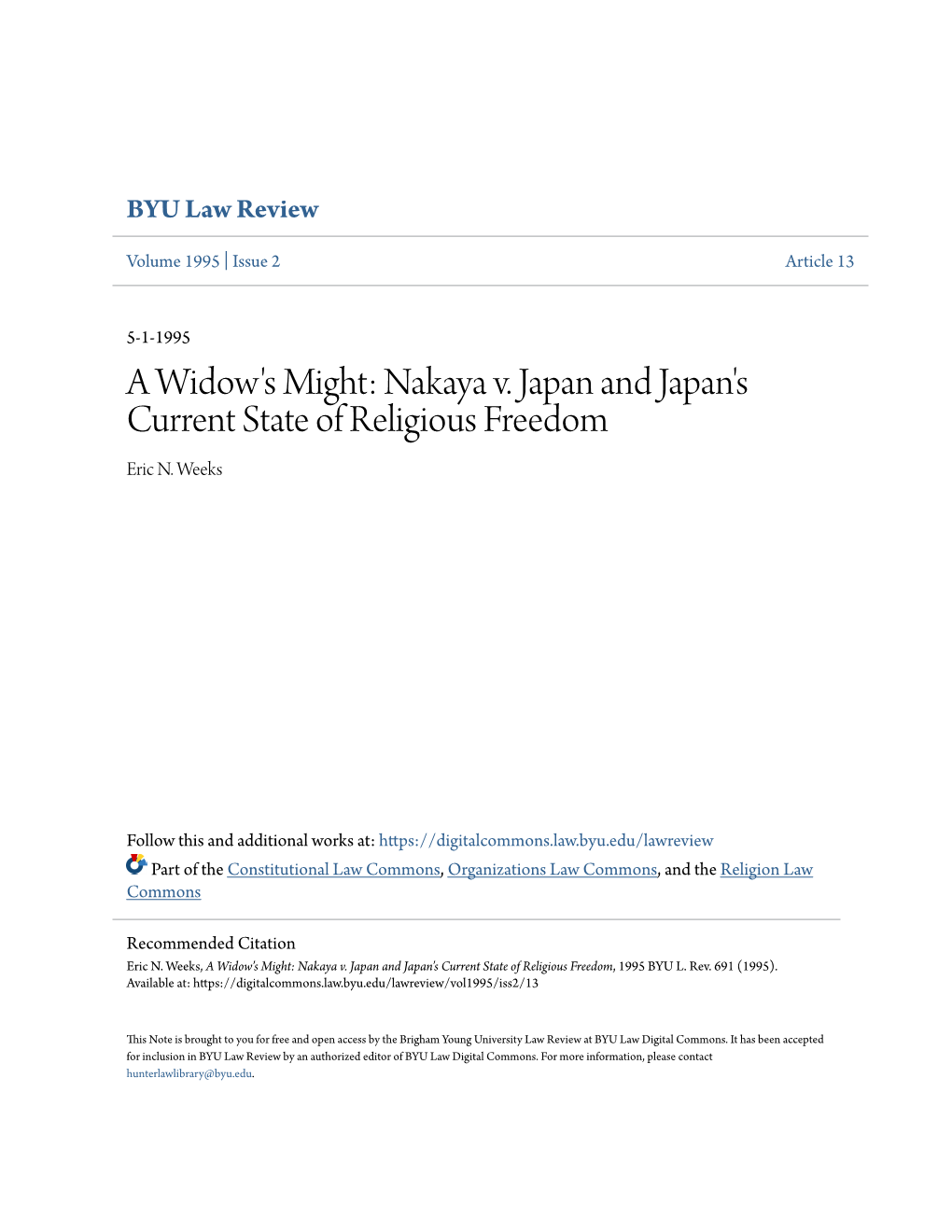 Nakaya V. Japan and Japan's Current State of Religious Freedom Eric N