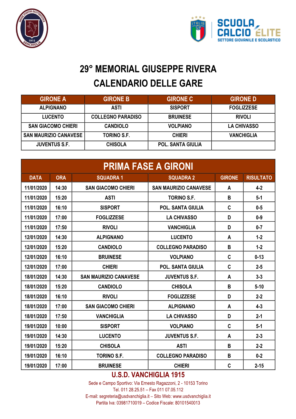 Calendario 29° Memorial Giuseppe Rivera