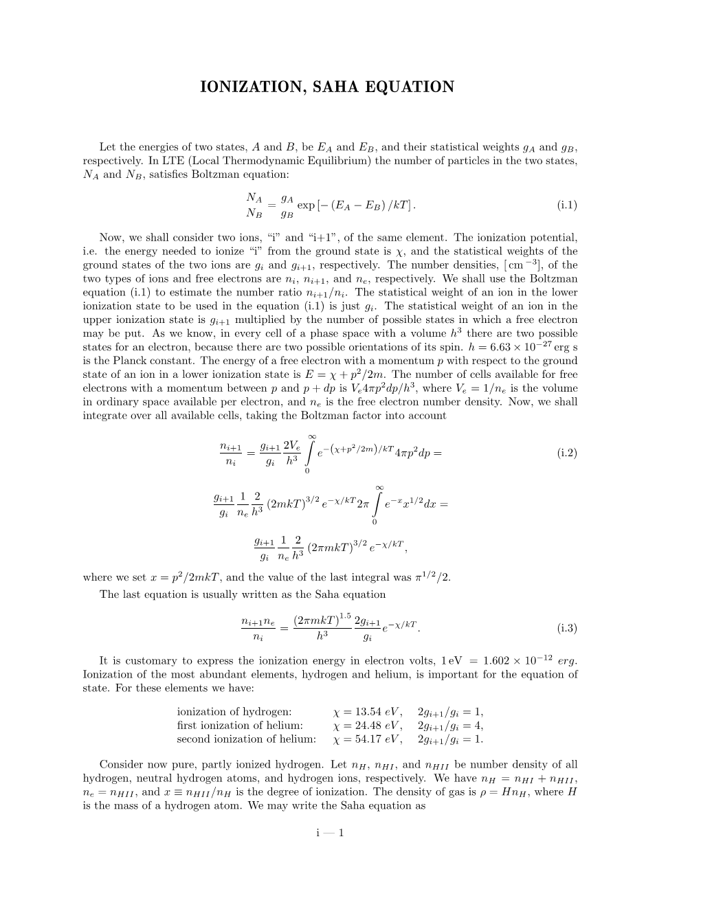 Ionization, Saha Equation