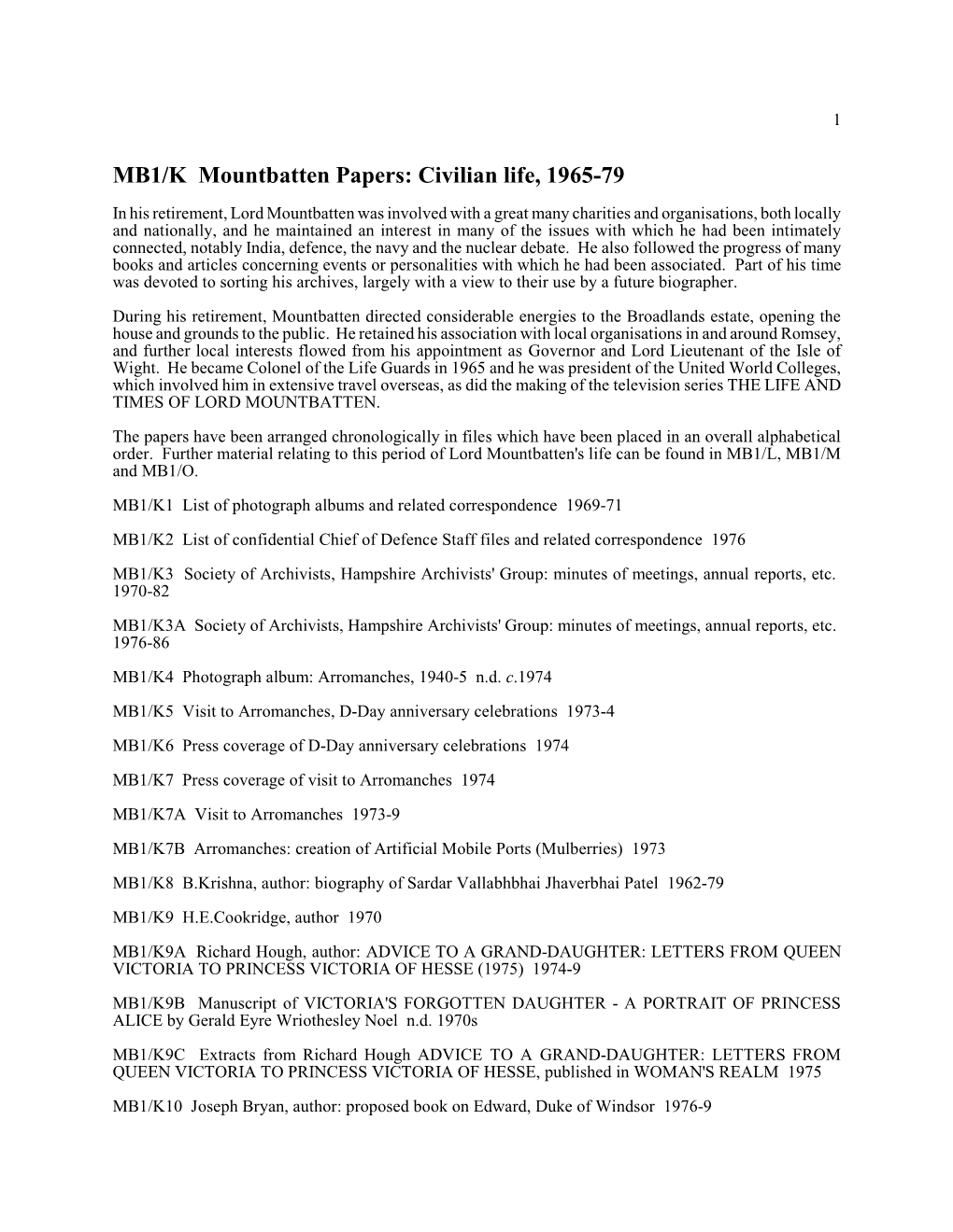 MB1/K Mountbatten Papers: Civilian Life, 1965-79