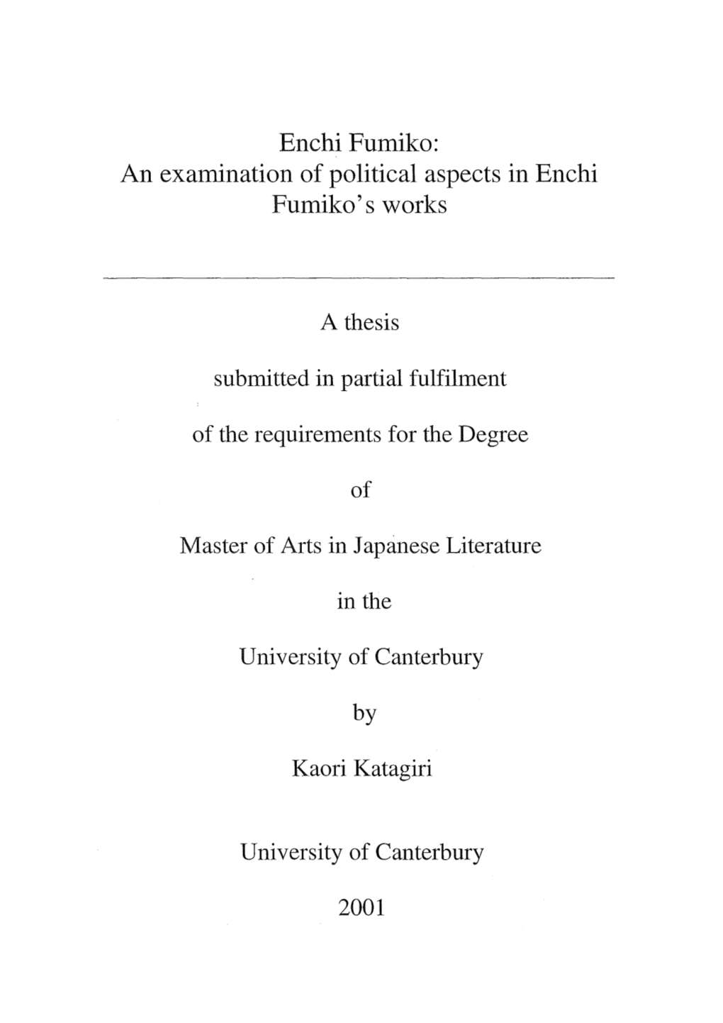 Enchi Fumiko: an Examination of Political Aspects in En Chi Fumiko's Works
