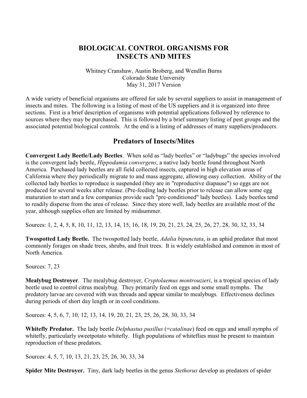 Biological Control Organisms for Insects and Mites