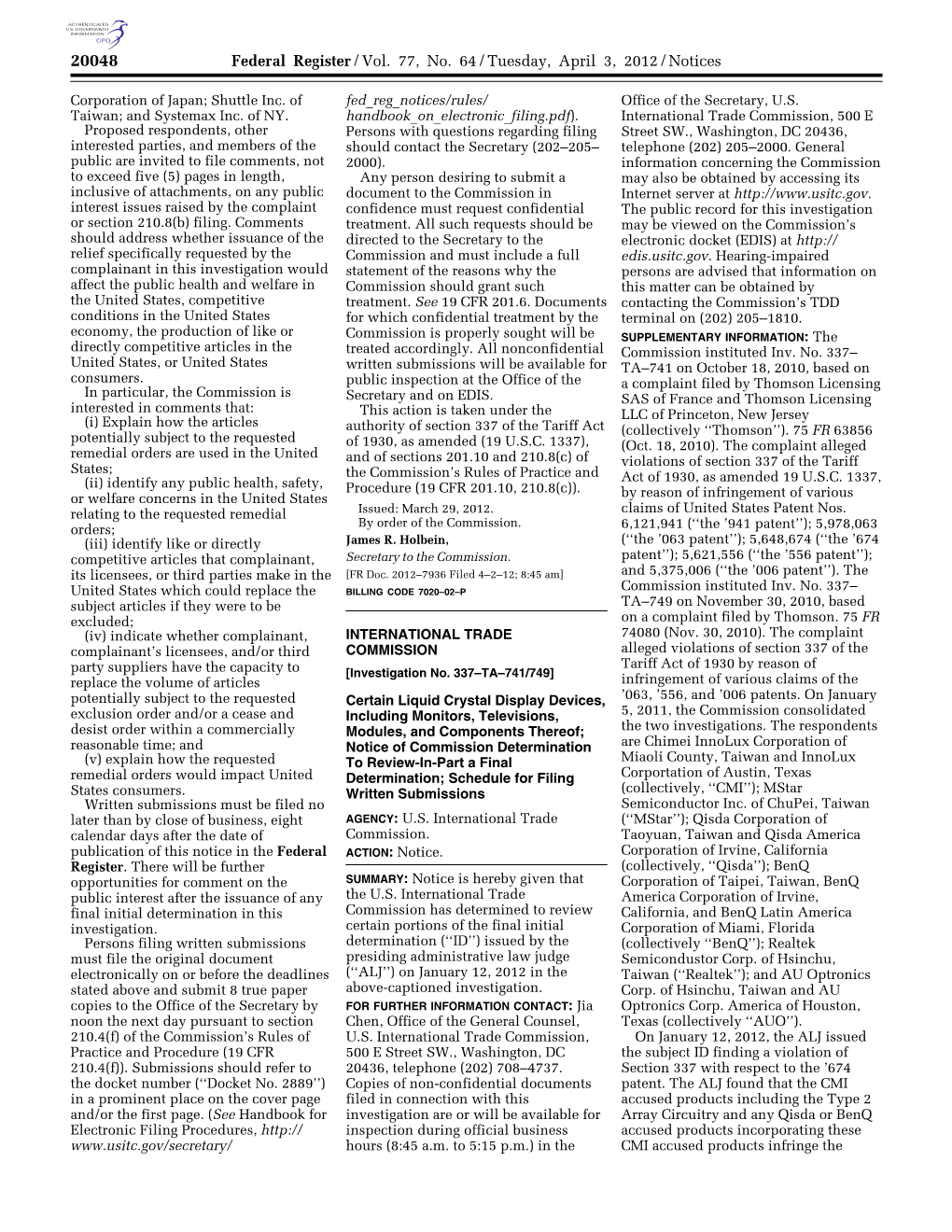 Federal Register/Vol. 77, No. 64/Tuesday, April 3, 2012/Notices