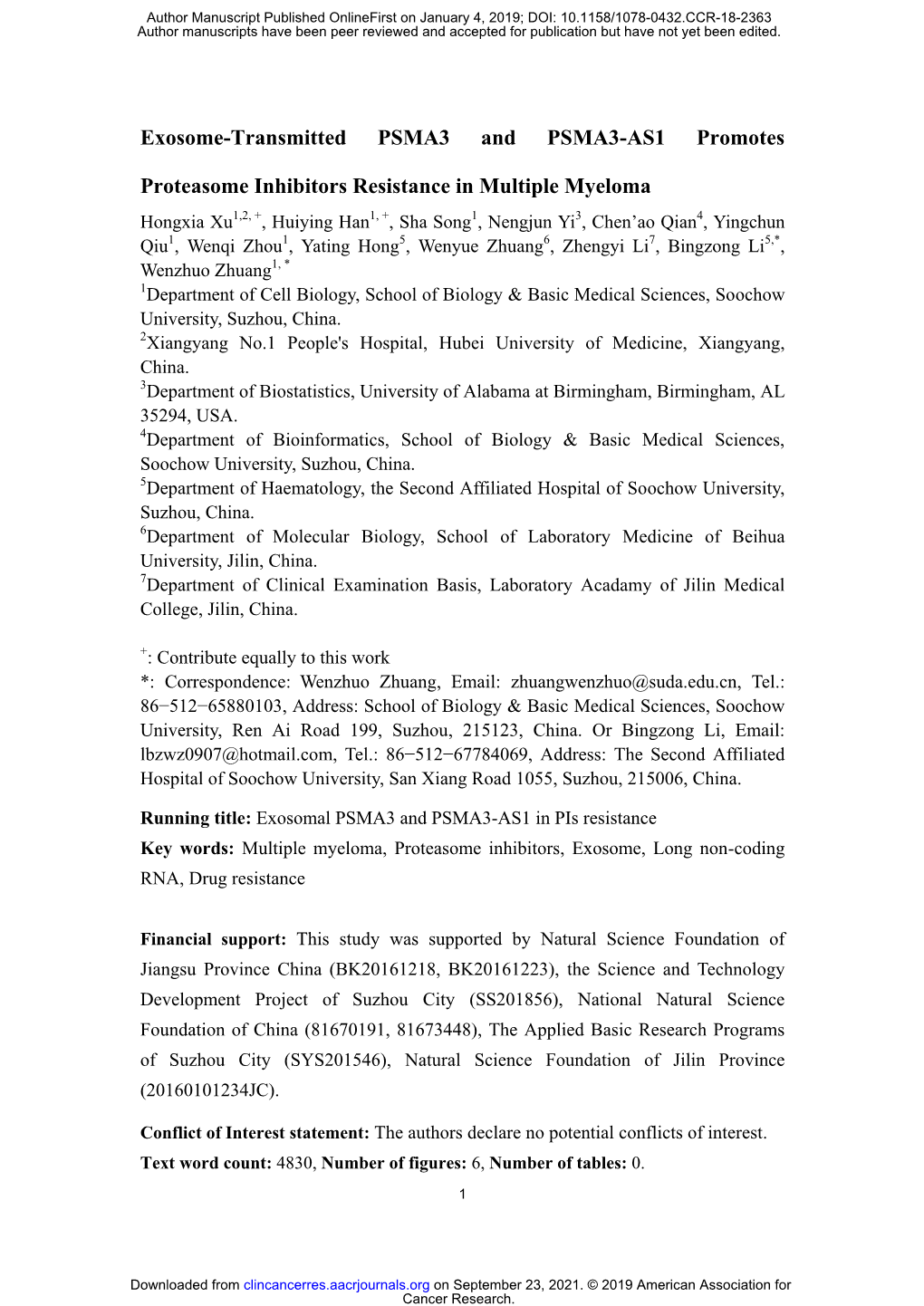 Exosome-Transmitted PSMA3 and PSMA3-AS1 Promotes Proteasome Inhibitors Resistance in Multiple Myeloma