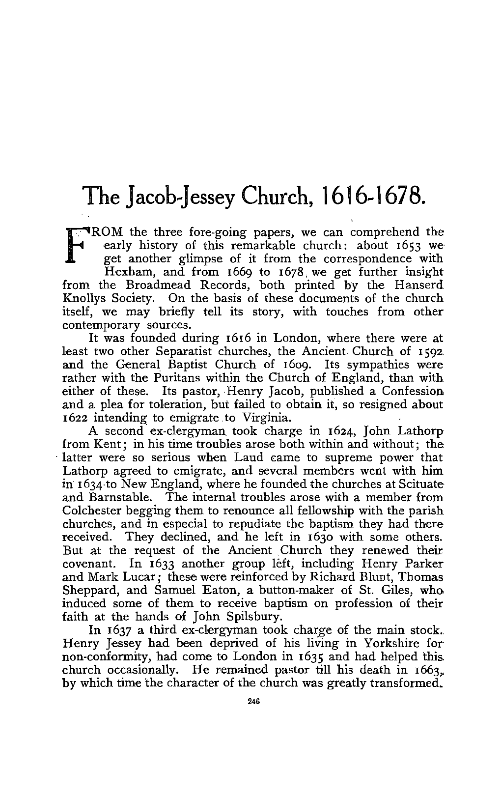 Story of the Jacob-Jessey Church, 1616-1678