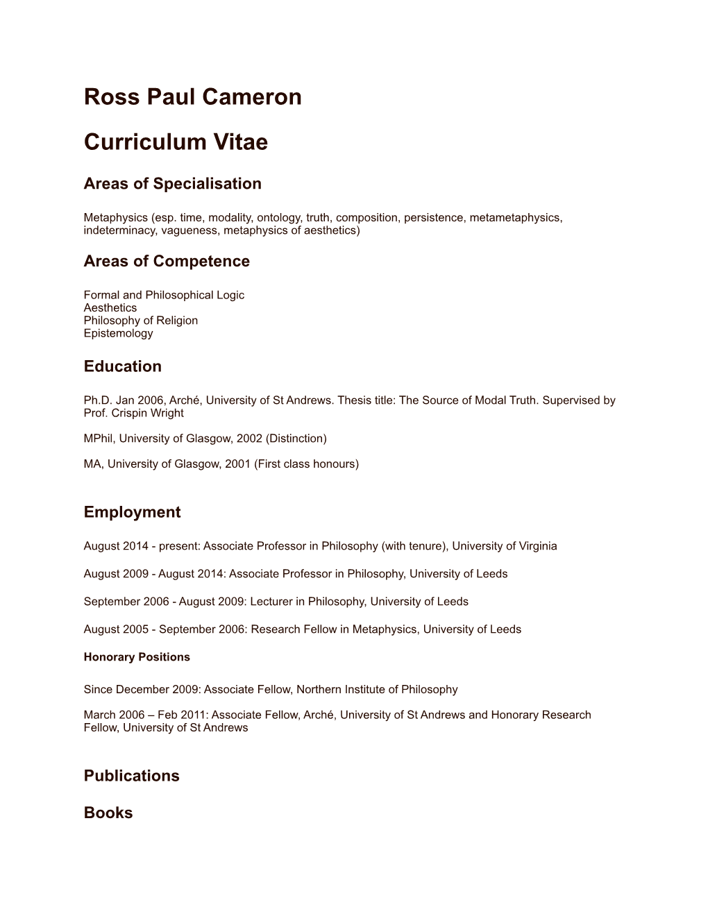 Ross Paul Cameron Curriculum Vitae