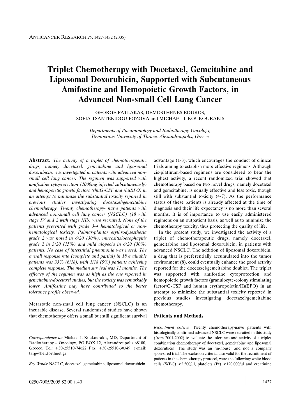 Triplet Chemotherapy with Docetaxel, Gemcitabine and Liposomal