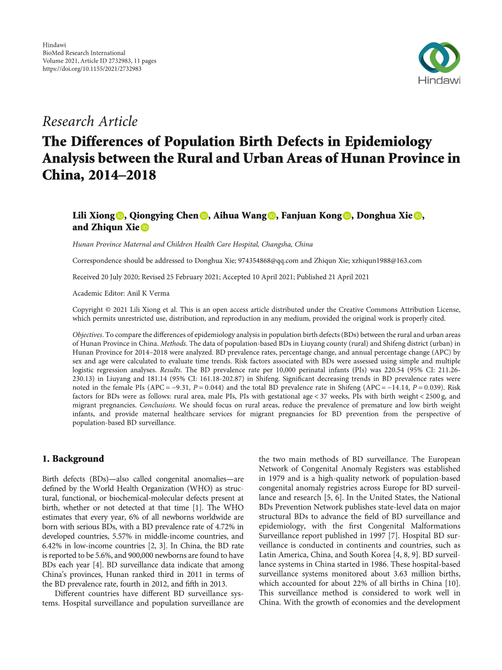 Research Article the Differences of Population Birth Defects in Epidemiology Analysis Between the Rural and Urban Areas of Hunan Province in China, 2014–2018