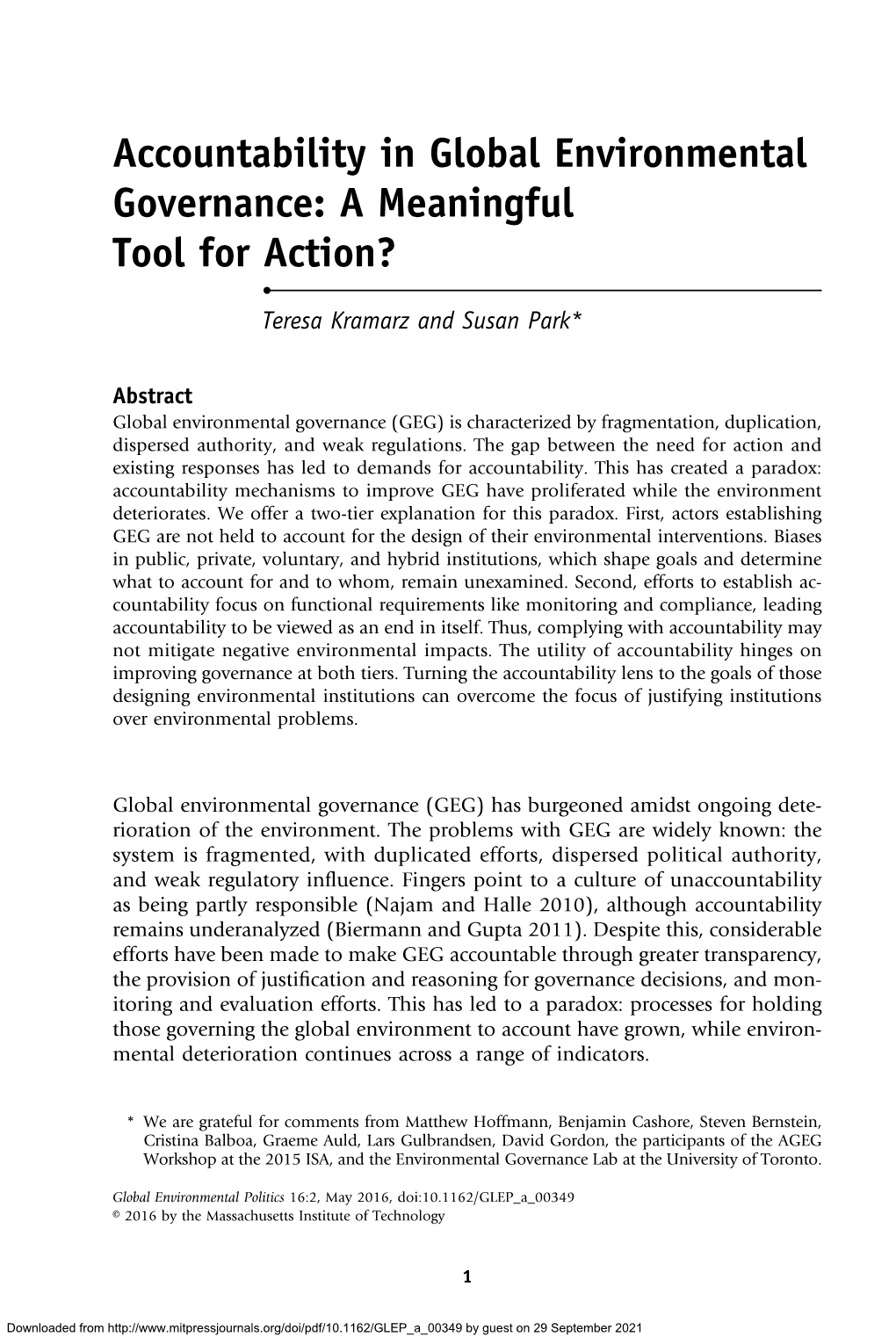 Accountability in Global Environmental Governance: a Meaningful Tool for Action? • Teresa Kramarz and Susan Park*