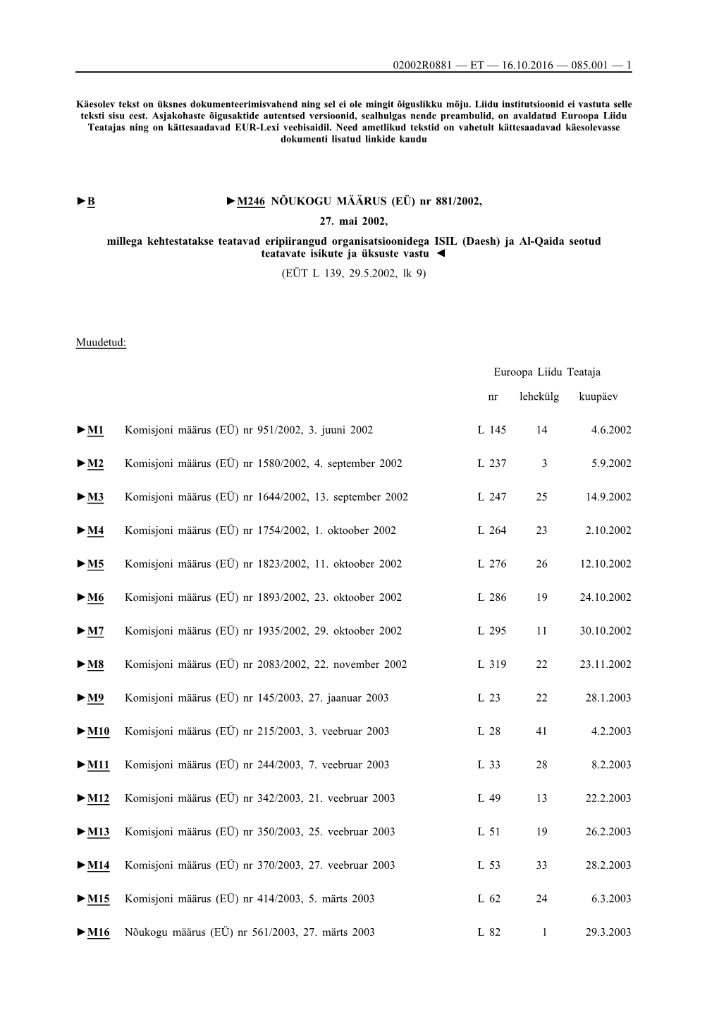 B M246 NÕUKOGU MÄÄRUS (EÜ) Nr 881/2002, 27. Mai 2002