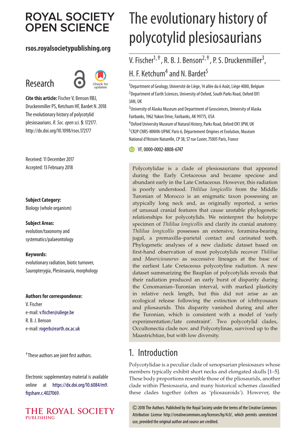 The Evolutionary History of Polycotylid Plesiosaurians Rsos.Royalsocietypublishing.Org V