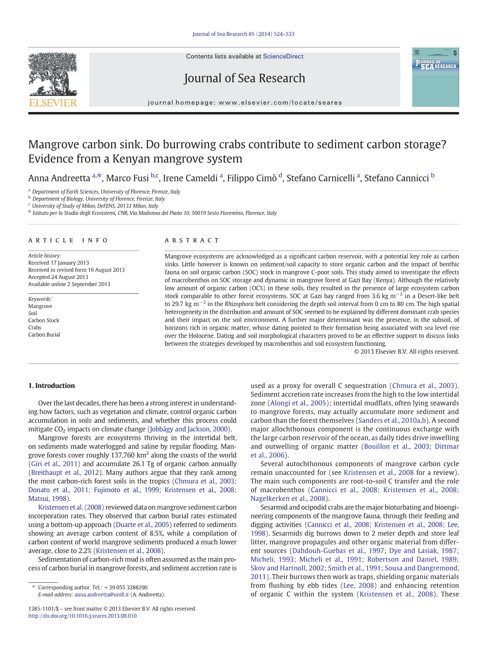 Mangrove Carbon Sink. Do Burrowing Crabs Contribute to Sediment Carbon Storage? Evidence from a Kenyan Mangrove System