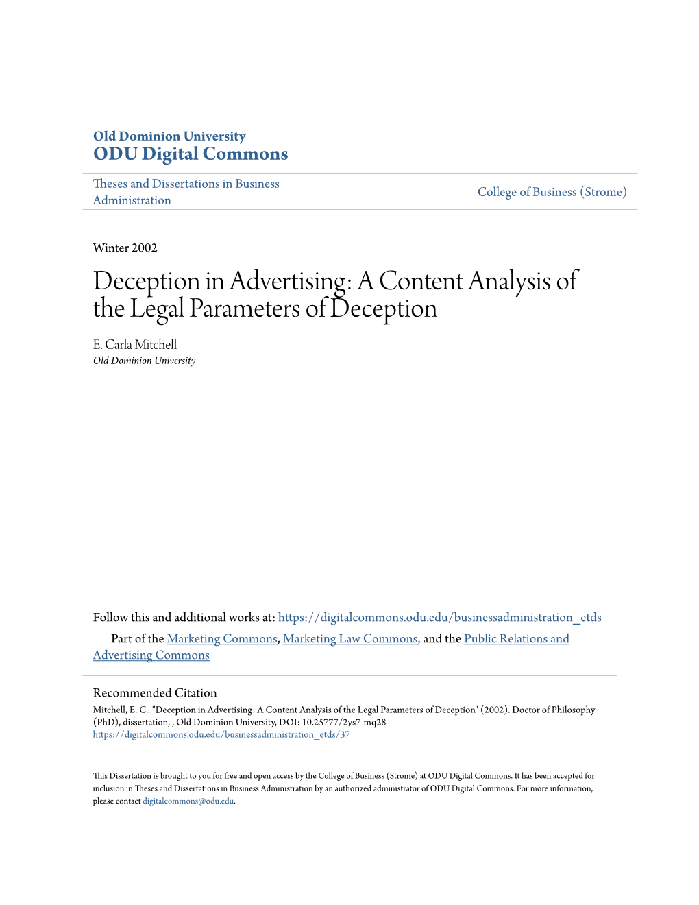 Deception in Advertising: a Content Analysis of the Legal Parameters of Deception E