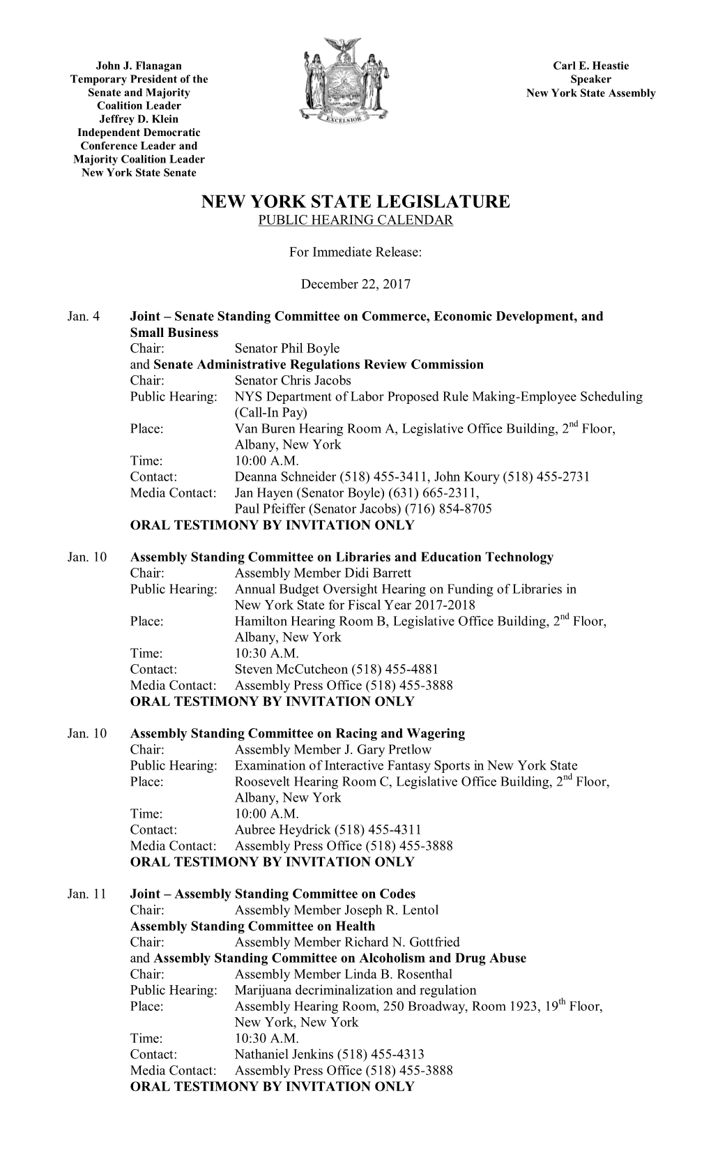 New York State Legislature Public Hearing Calendar