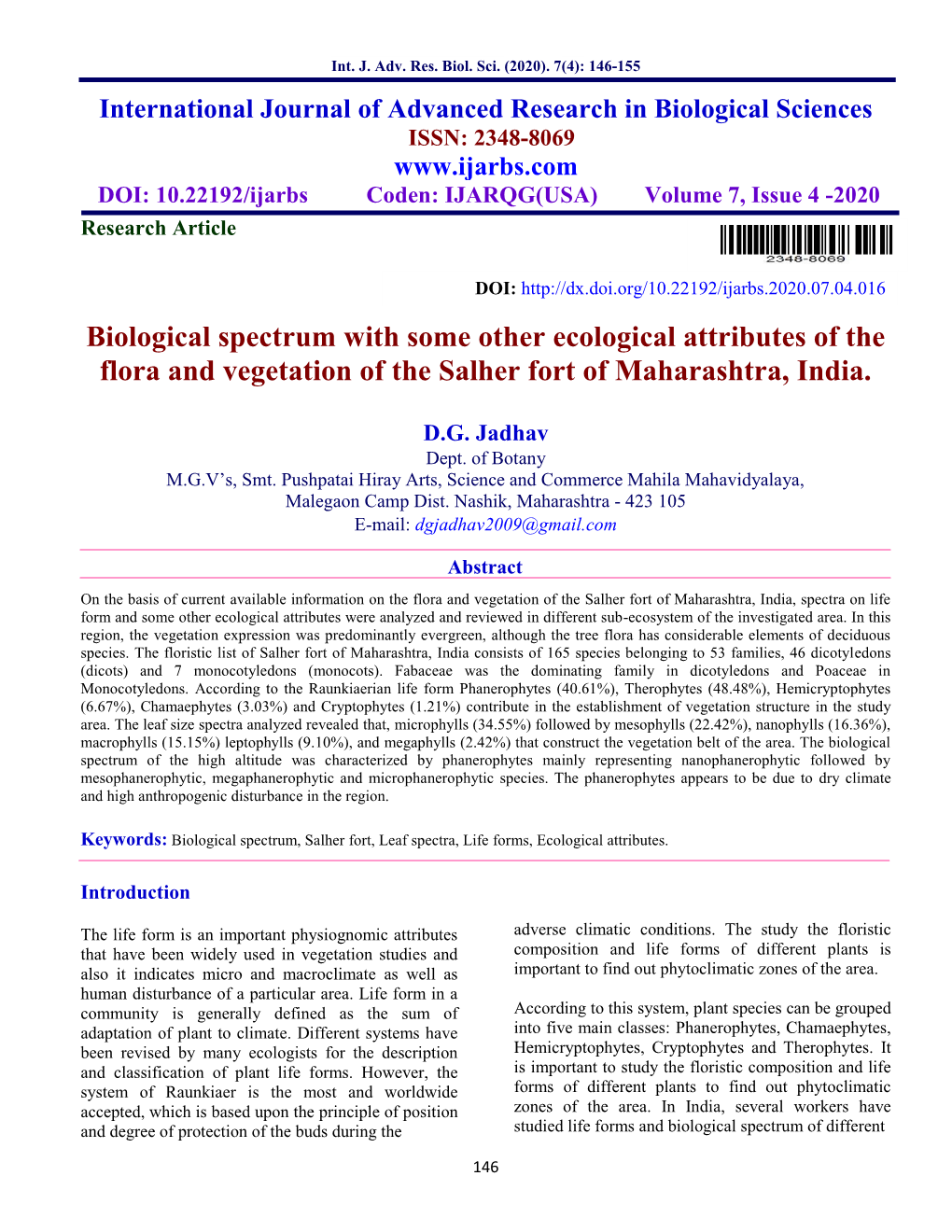 Biological Spectrum with Some Other Ecological Attributes of the Flora and Vegetation of the Salher Fort of Maharashtra, India