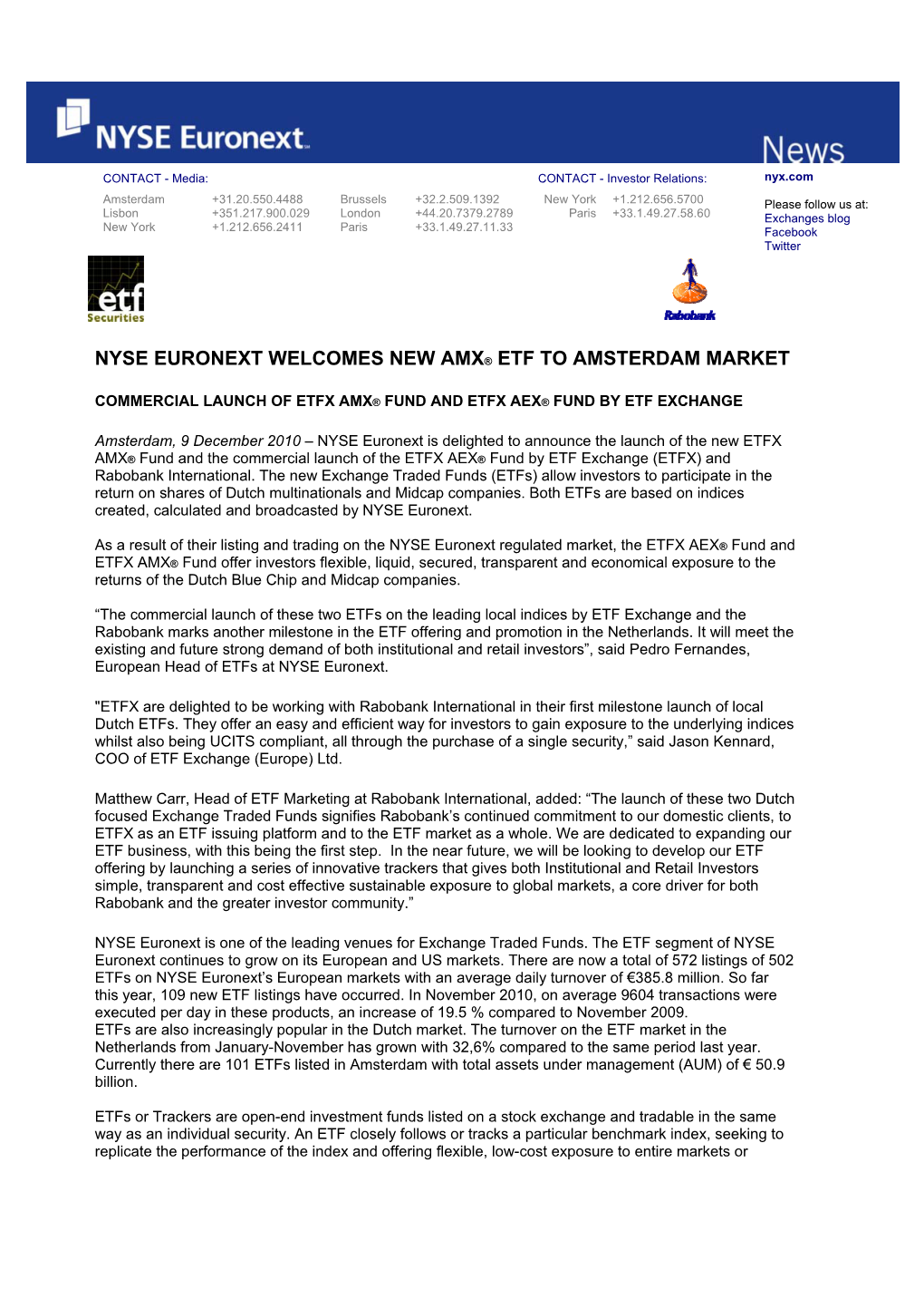 Nyse Euronext Welcomes New Amx® Etf to Amsterdam Market