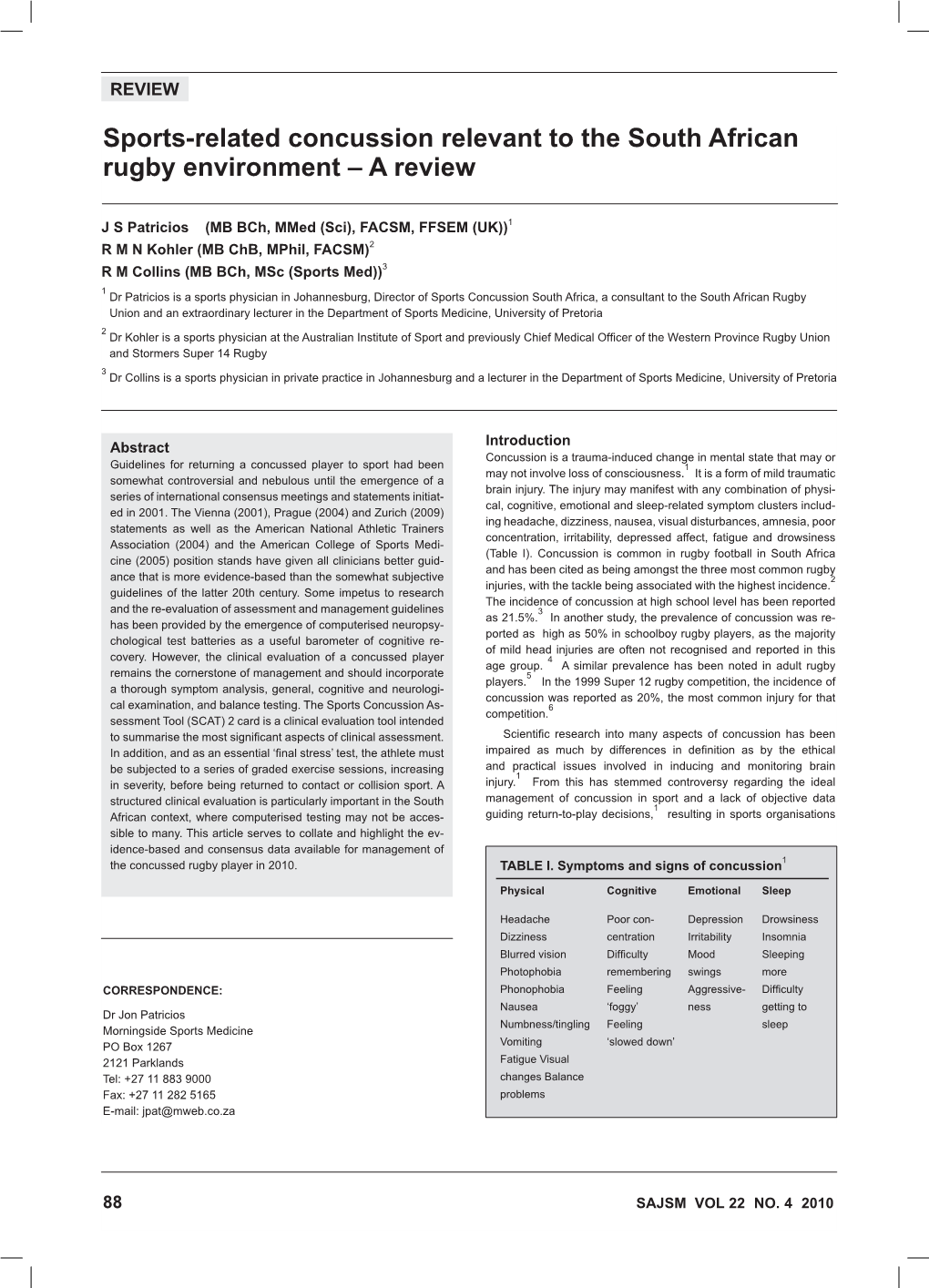 Sports-Related Concussion Relevant to the South African Rugby Environment – a Review