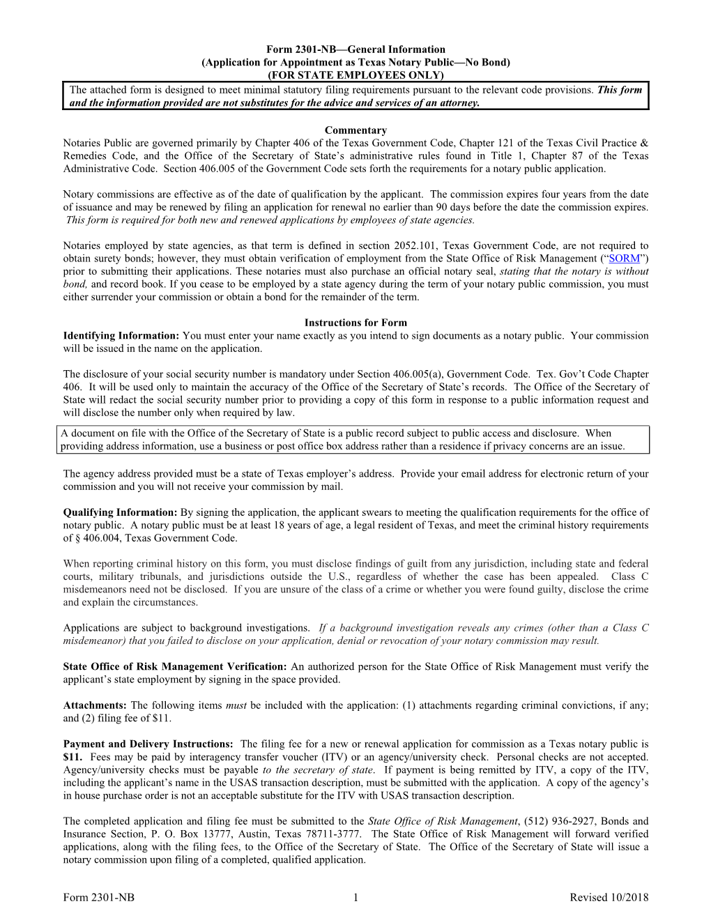 Form 2301-NB APPLICATION for APPOINTMENT AS TEXAS NOTARY PUBLIC-NO BOND